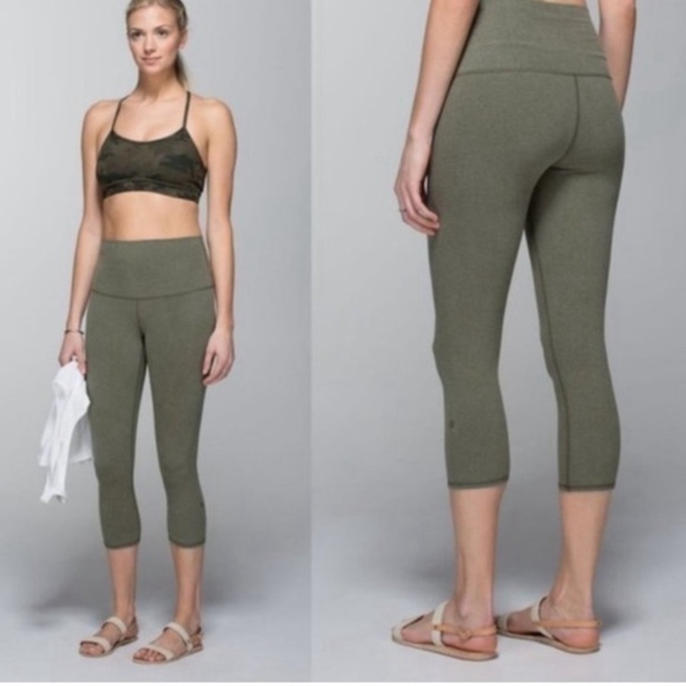 Lululemon Wunder Under Crop (Roll Down) *Cotton‎ Heathered Fatigue Green Size 4